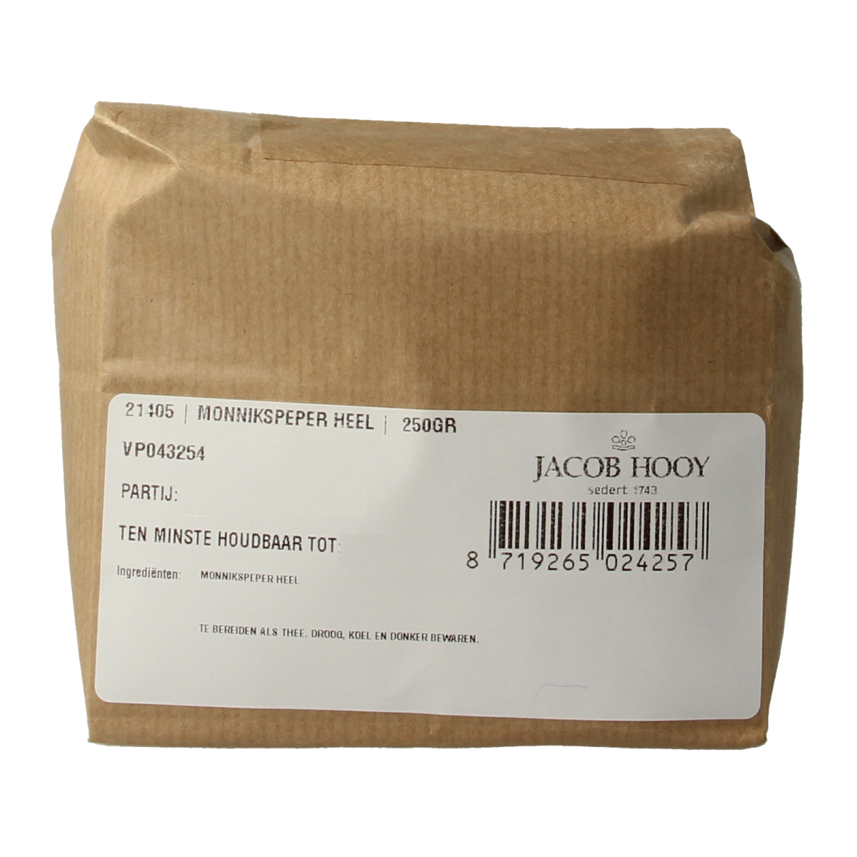 Jacob Hooy Monnikspeper in 250g package, a herbal spice used in cooking, displayed in a clear container.