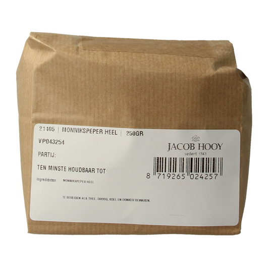 Jacob Hooy Monnikspeper in 250g package, a herbal spice used in cooking, displayed in a clear container.