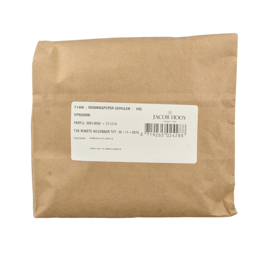 Ground Jacob Hooy Monnikspeper in a 1kg bag, a herbal spice used in cooking and seasoning.