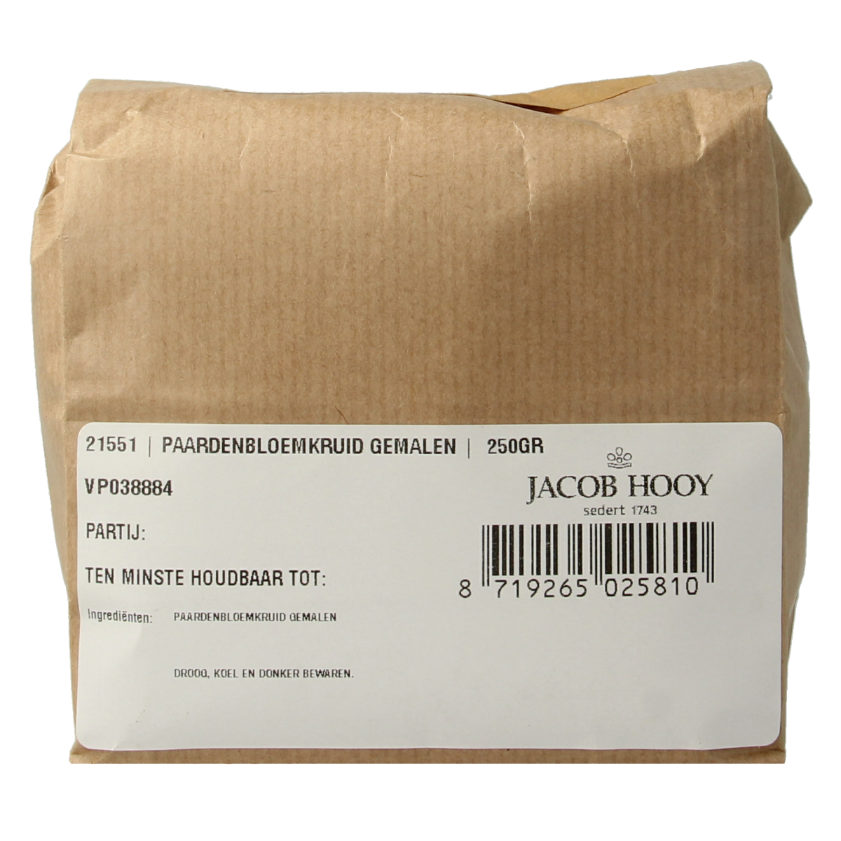 Grounded Jacob Hooy dandelion herb in 250g pack, natural herbal supplement for teas and remedies.