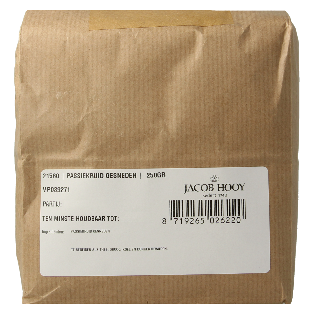 Sliced Jacob Hooy Passiekruid in a clear container, a dried herb used for seasoning and cooking, in a 250g package.