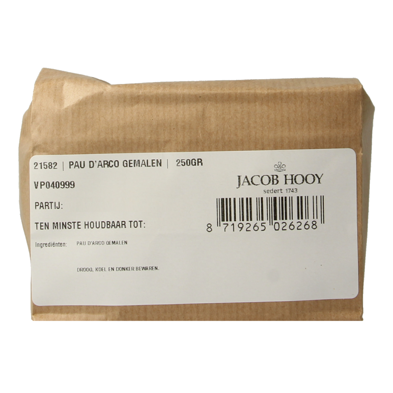 Jacob Hooy Pau d'Arco gemalen in 250g package, herbal powder from Kruiden, Zouten en Maaltijdmixen collection, natural herbal product