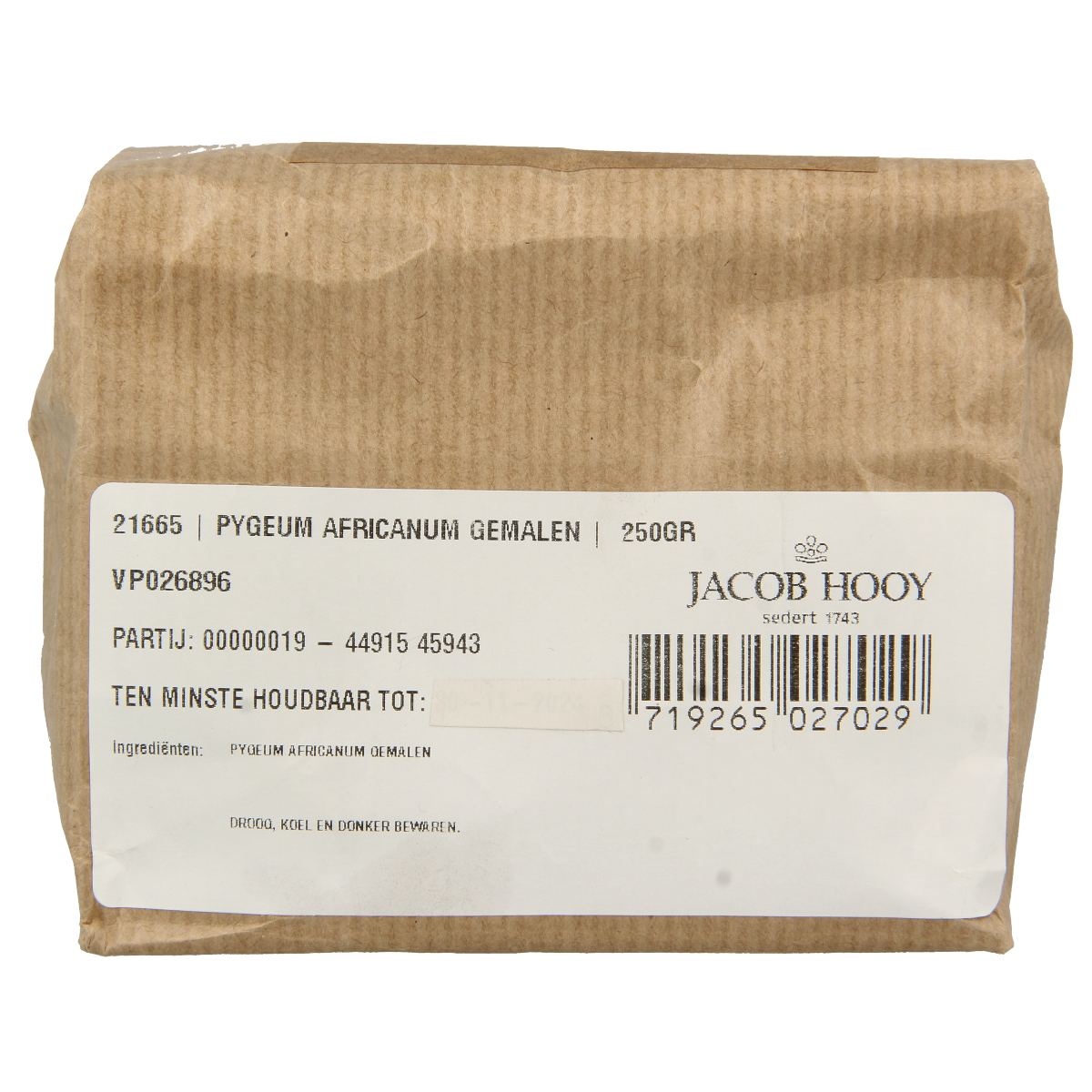 Jar of Jacob Hooy Pygeum africanum herbal supplement in a clear glass container with a white label.