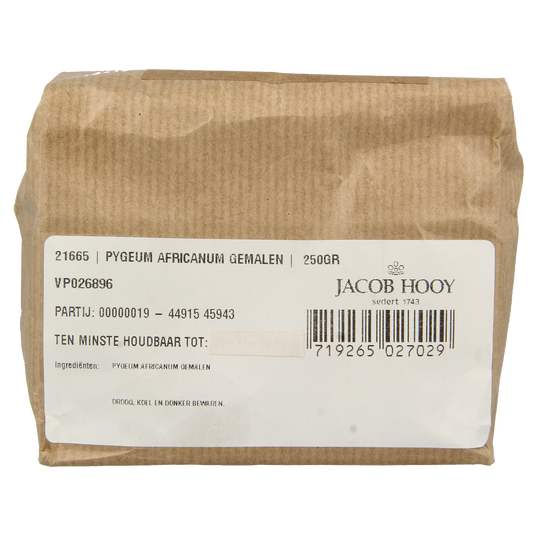 Jar of Jacob Hooy Pygeum africanum herbal supplement in a clear glass container with a white label.
