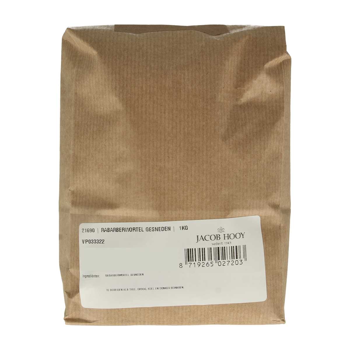 Sliced Jacob Hooy rhubarb root in a 1kg package, used as herbal ingredient in spices, salts, and meal mixes.