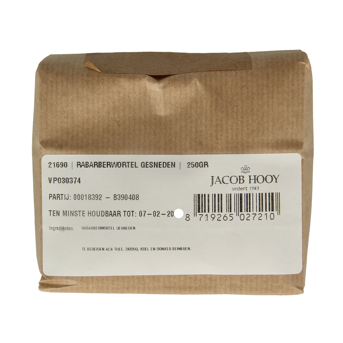 Sliced Jacob Hooy rhubarb root in a 250g package, ideal for herbal remedies and cooking, displayed in clear packaging.