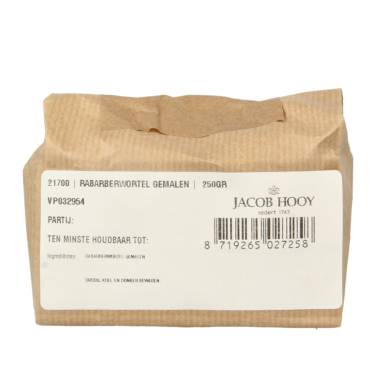 Grounded Jacob Hooy rhubarb root powder in a 250g package, used as herbal spice or cooking ingredient.