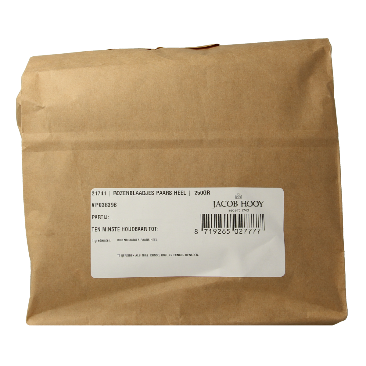 Purple rose petals from Jacob Hooy in a 250g package, used as herbs, spices, or meal ingredients.