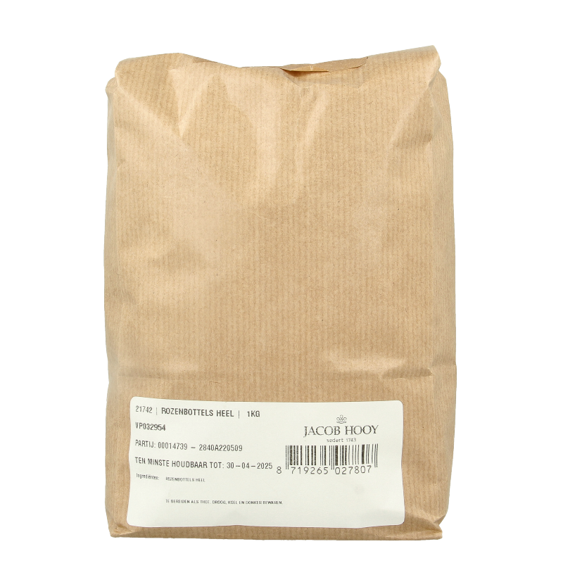 Jacob Hooy Rosehip Heels 1kg, herbal seasoning mix in a resealable bag, made with natural ingredients for cooking and health.