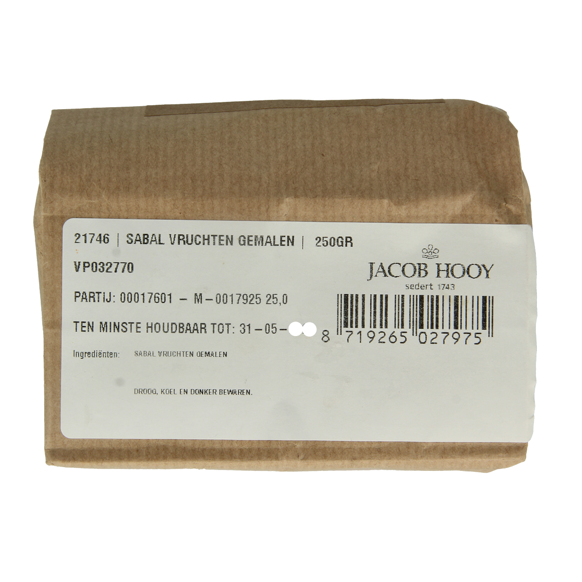 Ground Sabal palm fruit from Jacob Hooy in a 250g package, used as a herbal spice or meal ingredient.