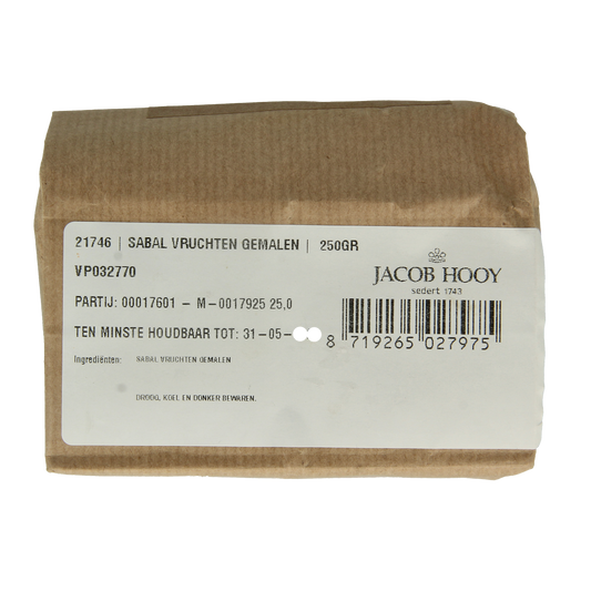 Ground Sabal palm fruit from Jacob Hooy in a 250g package, used as a herbal spice or meal ingredient.