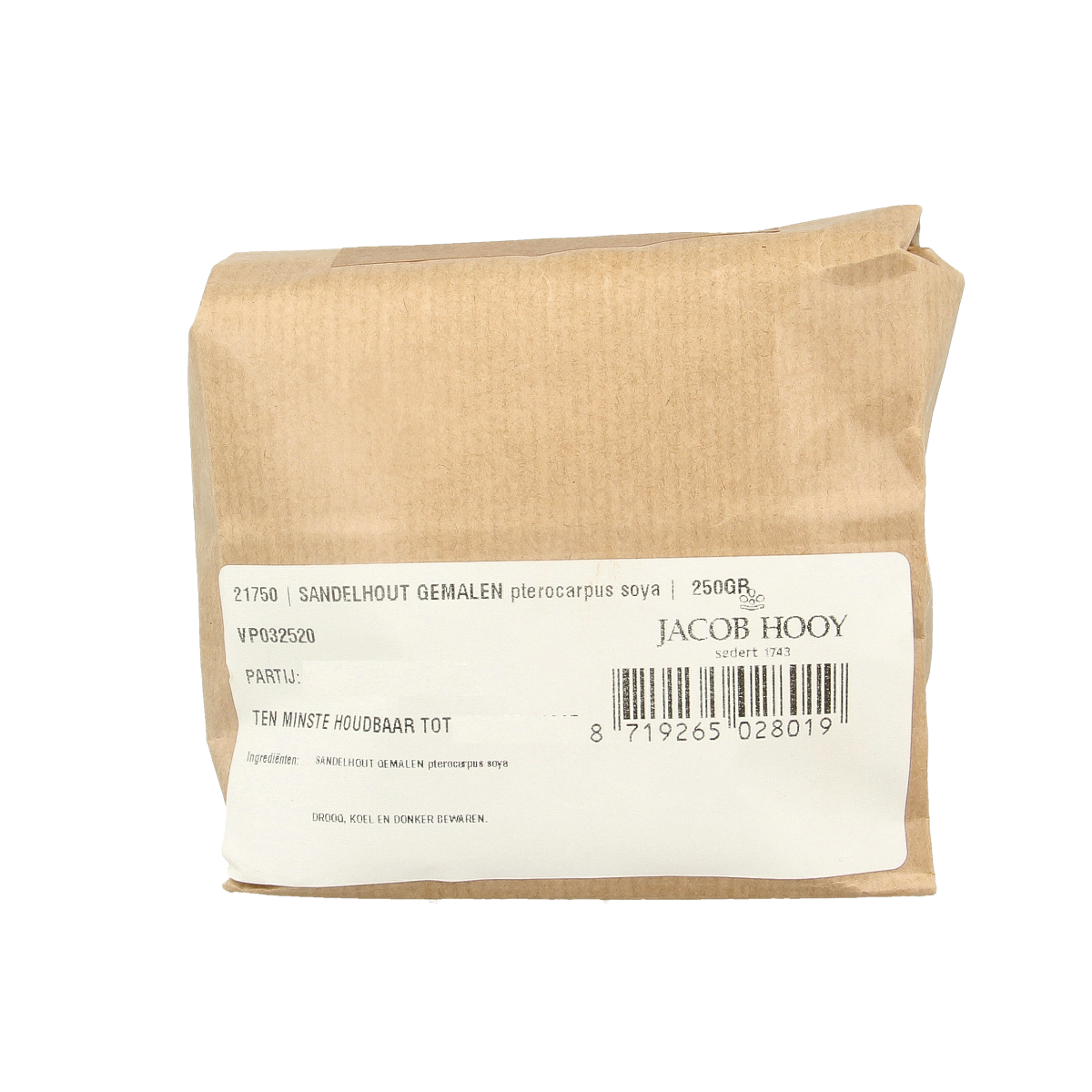Ground pink sandalwood spice in a jar, Jacob Hooy branding, 250g packaging, used for herbal and culinary purposes.