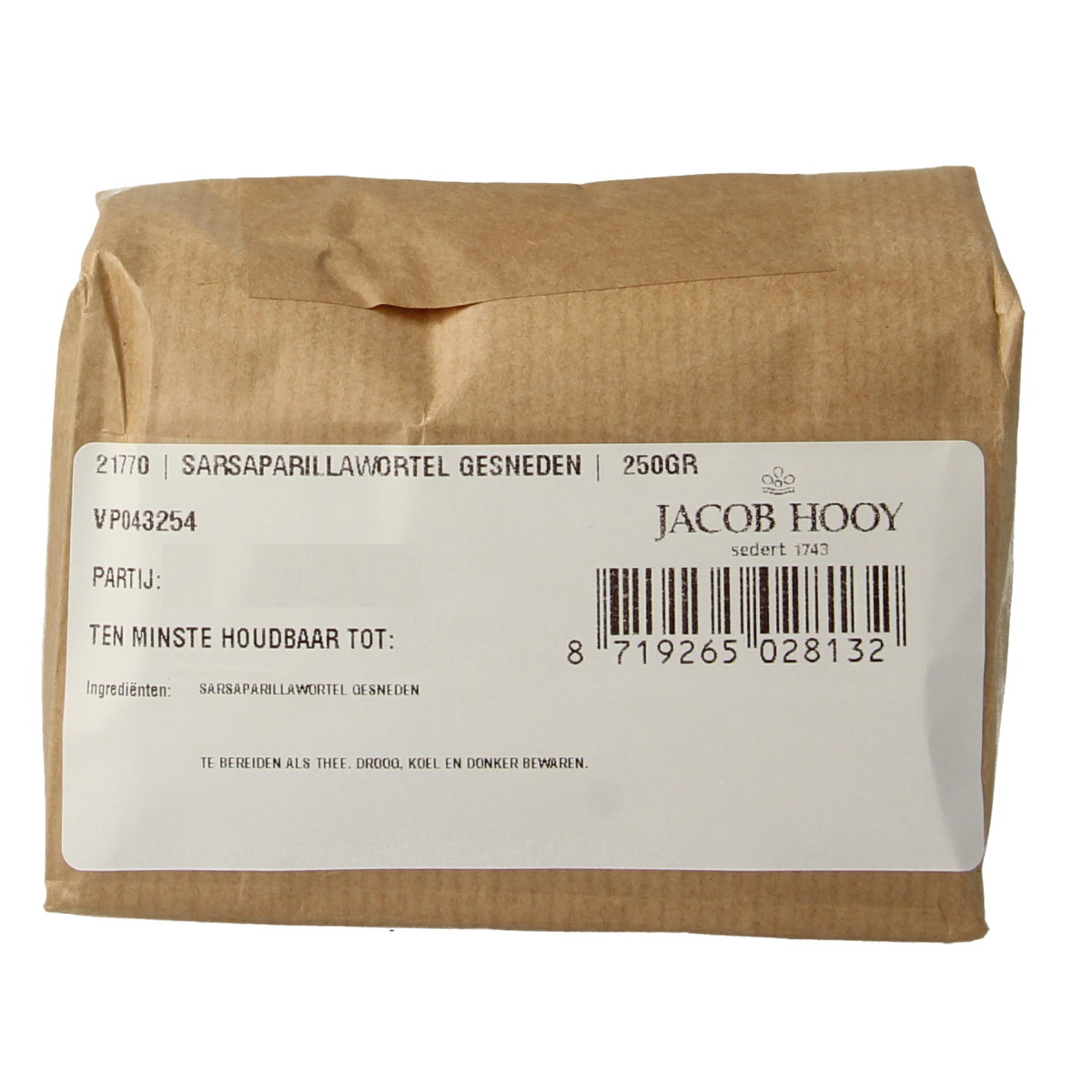 Jacob Hooy Sarsaparilwortel in 250g pack, herbal root used in kruiden, zouten, and maaltijdmixen for natural remedies.