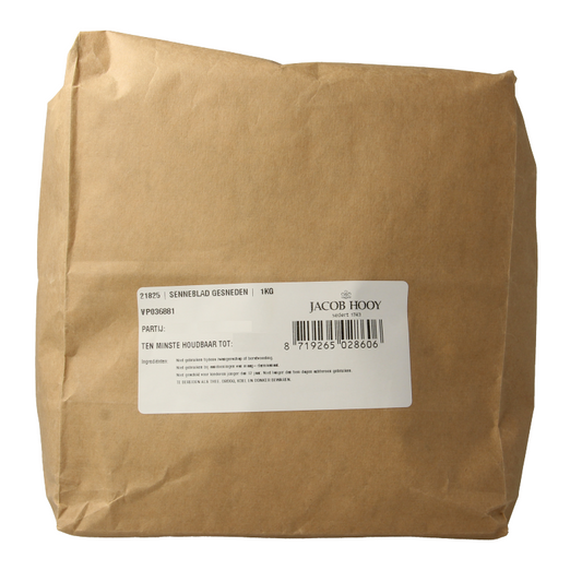Sliced senneblad herbs in 1kg package by Jacob Hooy, used for cooking and seasoning in herbal and meal mixes.