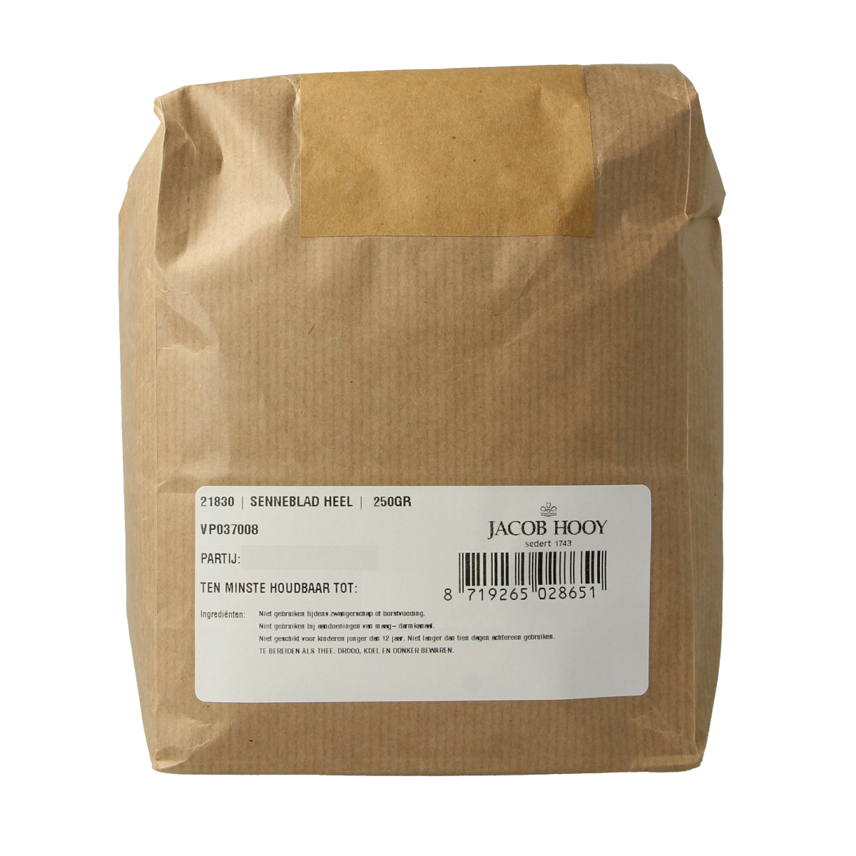 Jacob Hooy Senneblad heel 250g, fresh herb for cooking, shown in a clear image with vibrant green leaves.