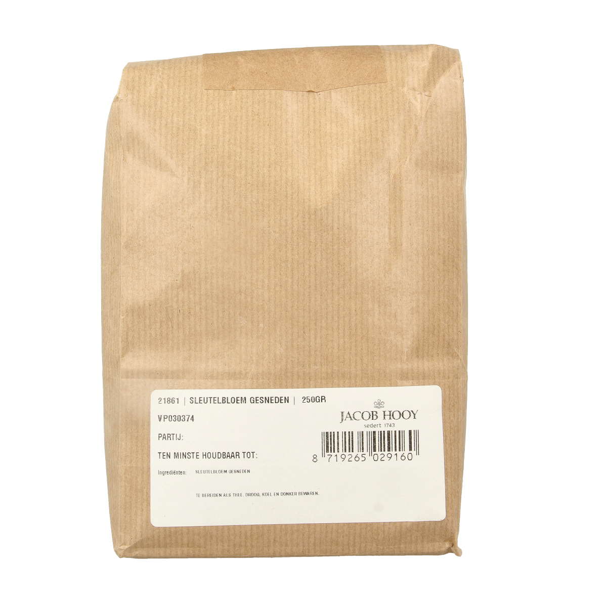Jacob Hooy Sleutelbloemen kruiden in 250g package, natural dried key blossom flowers for culinary use.