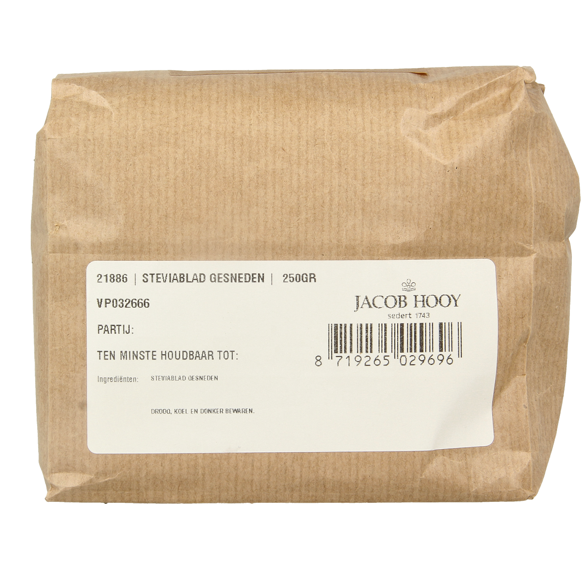 Sliced Jacob Hooy Stevia leaves in a 250g package, herbal sweetener, part of kruiden, zouten en maaltijdmixen collection.