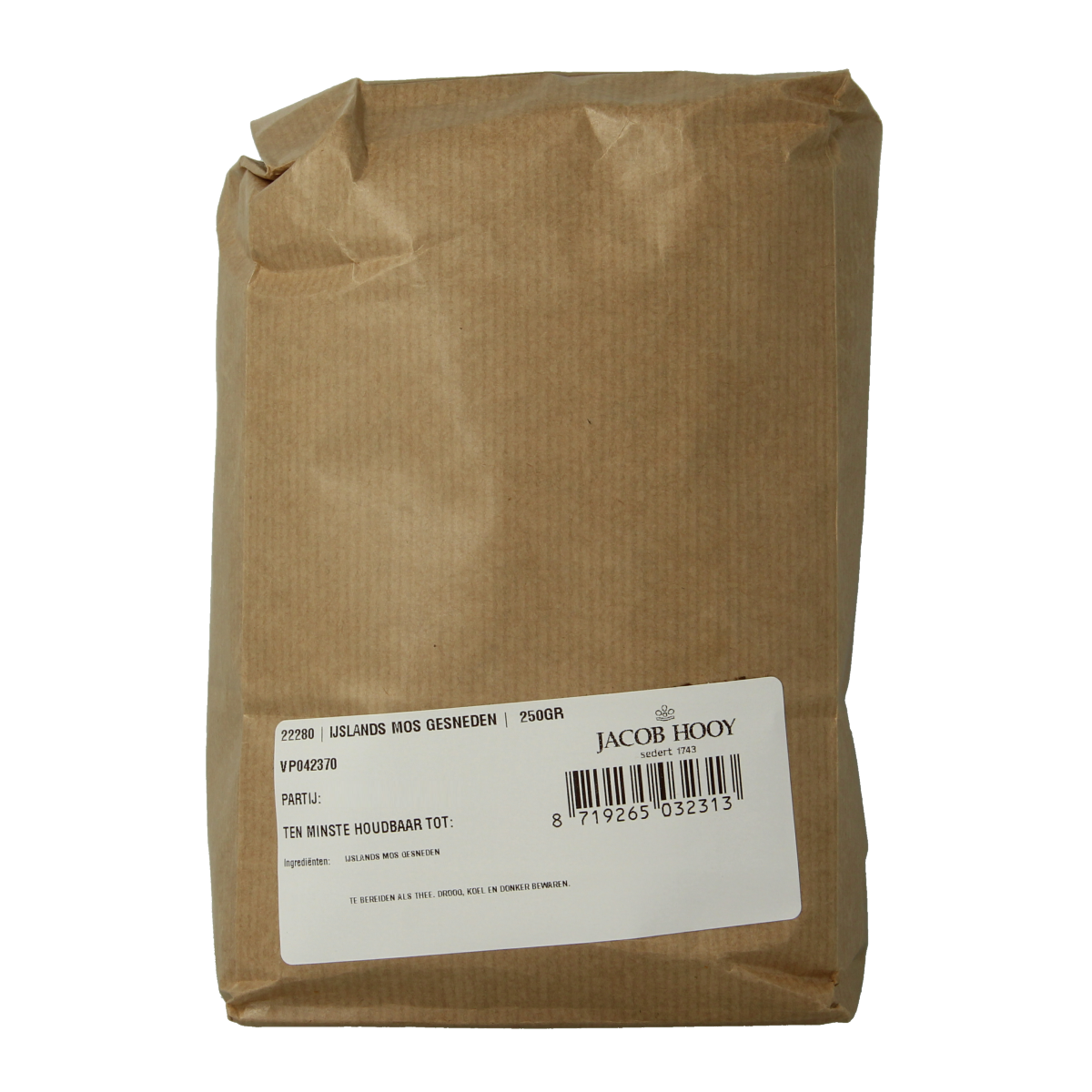 Jacob Hooy Icelandic moss, 250g, dried herbal salt and meal mix, in a resealable bag, with the product label showing.