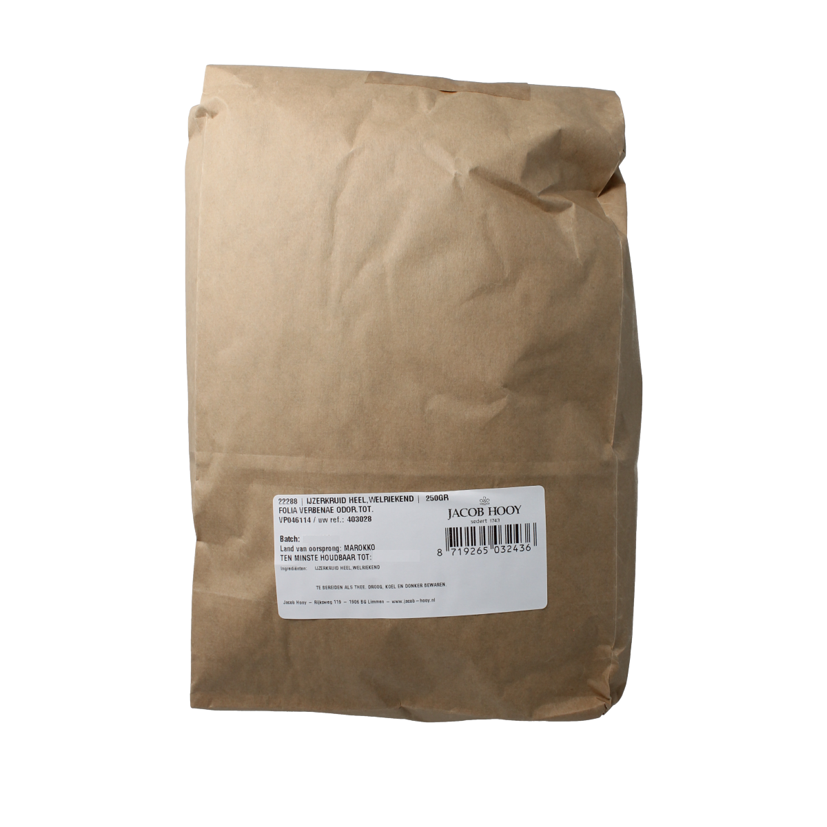 Jacob Hooy IJzerkruid verveine kruiden in 250g package, fragrant herbal blend for culinary and medicinal use.