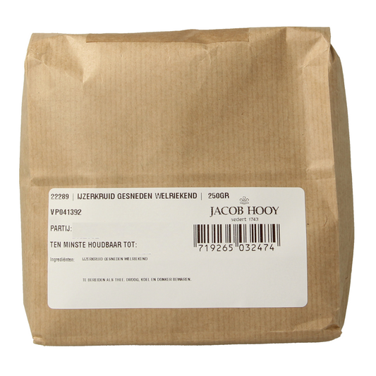 Sliced fragrant ironwort herb from Jacob Hooy in a 250g package, used for culinary and medicinal purposes.
