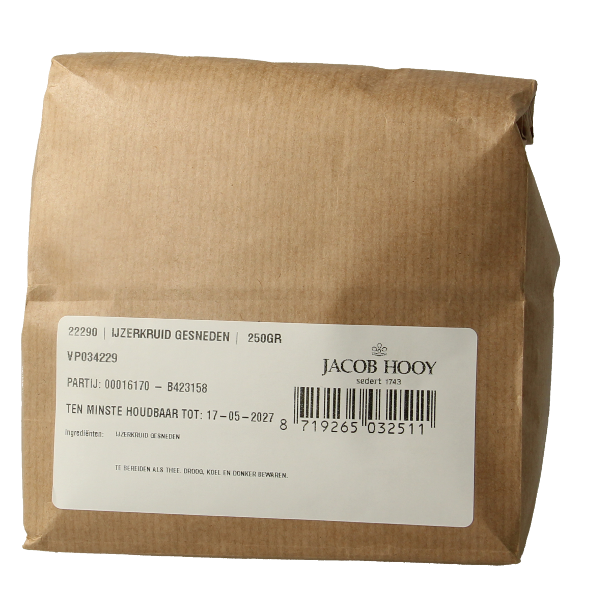 Jacob Hooy IJzerkruid gesneden 250g, dried herbal mixture for cooking and seasoning, shown in a clear package.