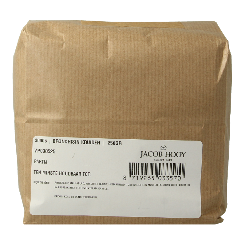 Jacob Hooy Bronchisinkruiden 250g jar with herbal blend for respiratory support, labeled with product details and brand logo.