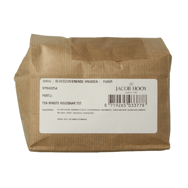 Jacob Hooy bloedzuiverende kruiden in 250g package, herbal mix for cleansing and health, from the Jacob Hooy brand.