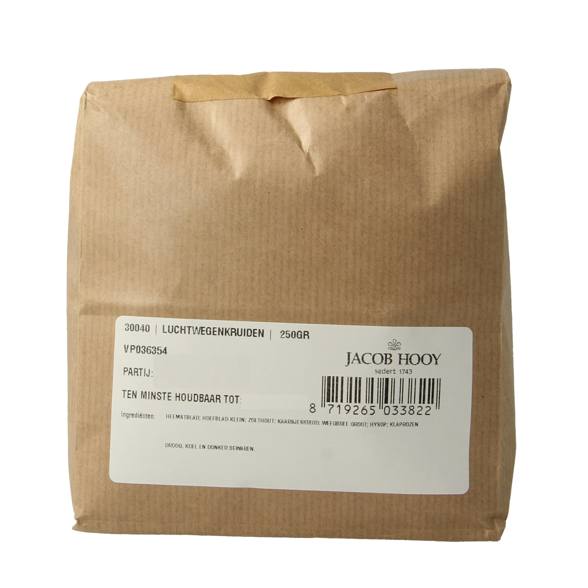 Jacob Hooy Luchtwegenkruiden in 250g package, herbal blend for respiratory support, from the Jacob Hooy brand.