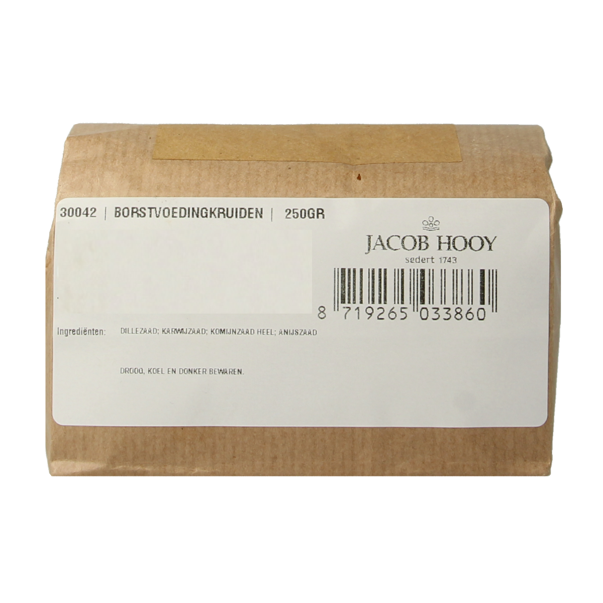 Jacob Hooy Borstvoedingskruiden in 250g package, herbal supplement for breastfeeding mothers, with dried herbs and plant ingredients.