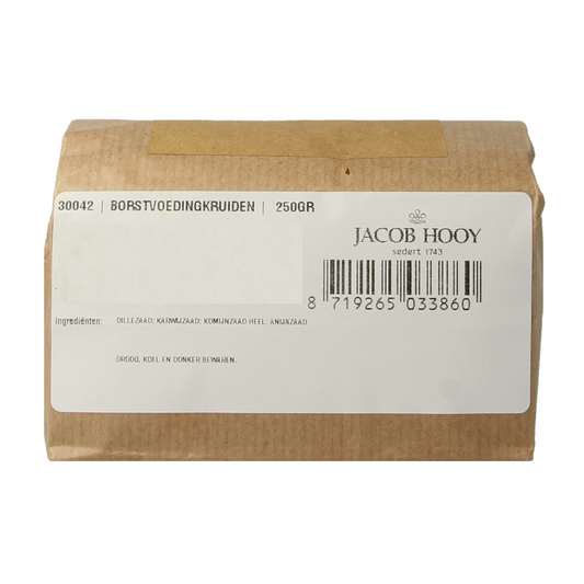 Jacob Hooy Borstvoedingskruiden in 250g package, herbal supplement for breastfeeding mothers, with dried herbs and plant ingredients.