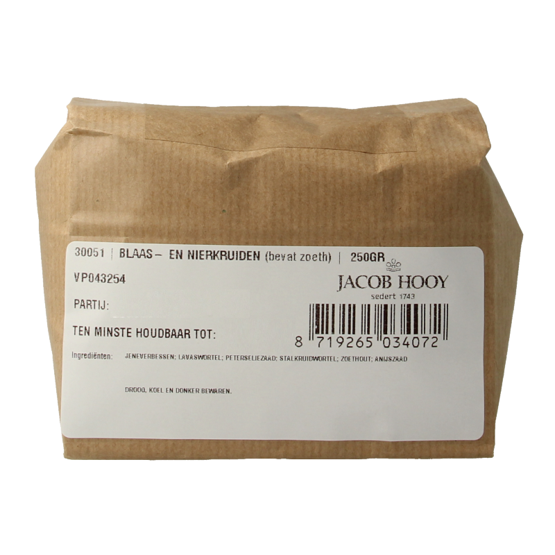 Jacob Hooy Blaas en nier kruiden, 250g, herbal blend for supporting respiratory and kidney health, in a resealable package.