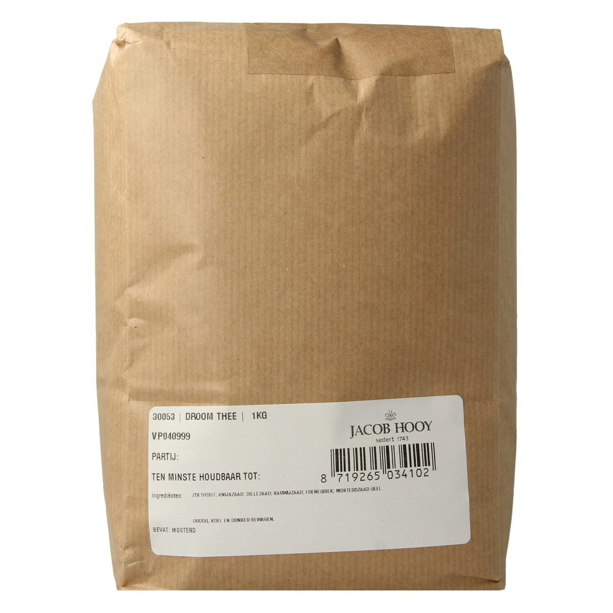 Jacob Hooy Droom thee in 1kg bag, a herbal tea blend from the Jacob Hooy Koffie en Thee collection, with a clear product package visible.