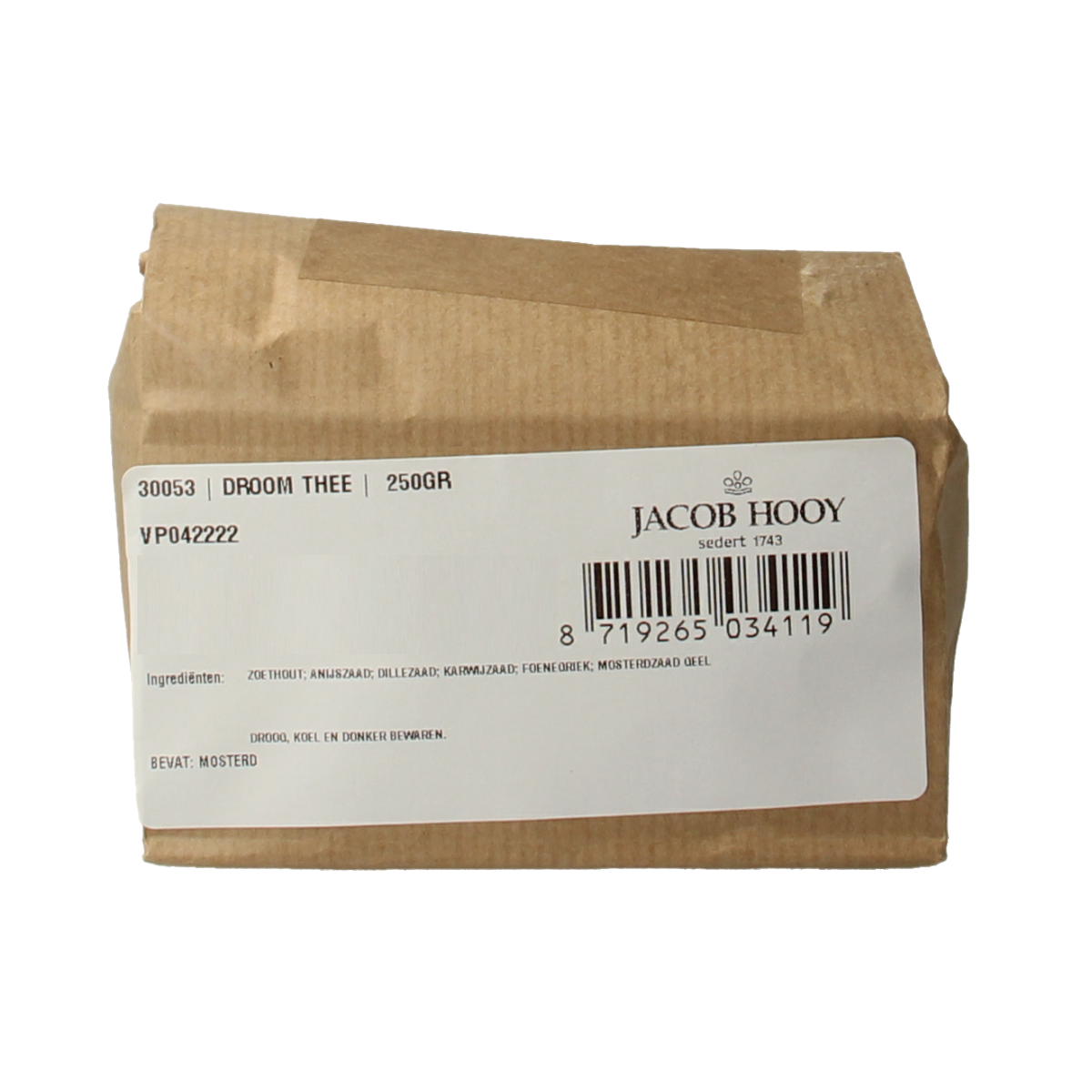Jacob Hooy Droom thee in a 250g package, a calming herbal tea from the Jacob Hooy Koffie en Thee collection.