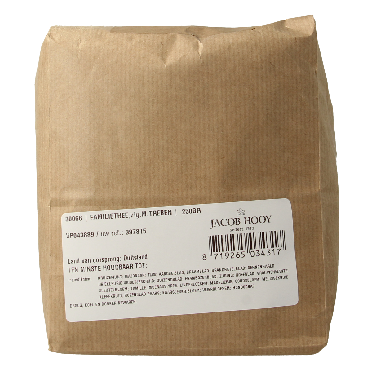 Jacob Hooy Familiethee volgens M. Treben, 250g, in een open doos met thee- en koffiezak zichtbaar.