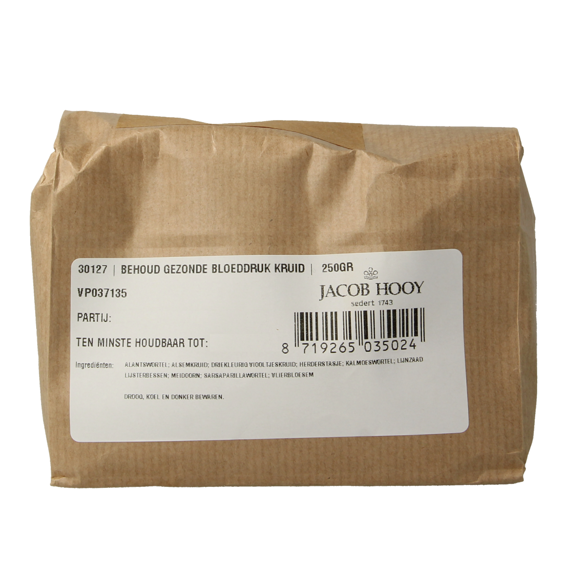 Jacob Hooy Behoud gezonde bloeddrukkruiden in 250g package, a herbal blend for blood pressure support.
