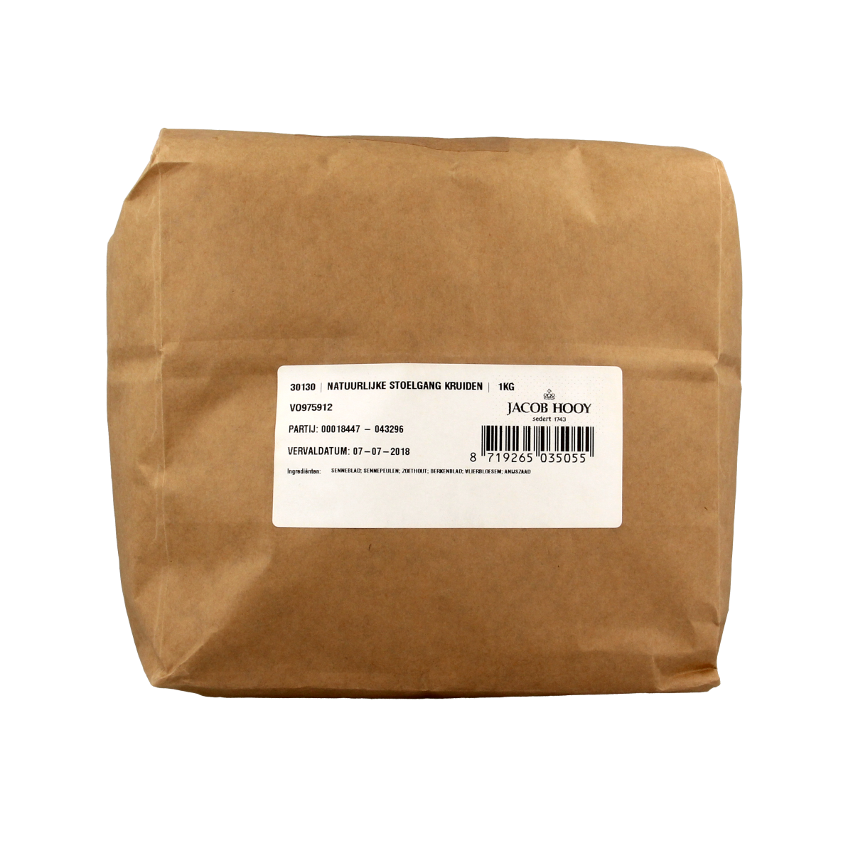 Jacob Hooy natural stoelgangkruid in 1kg package, herbal mixture for digestive health, from the Jacob Hooy brand.