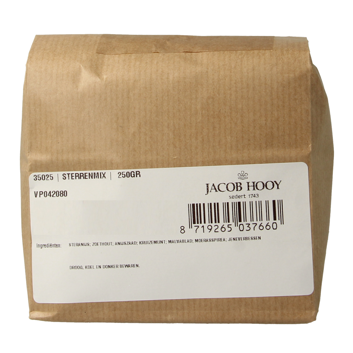 Jacob Hooy Sterrenmix kruiden en maaltijdmixen in 250g verpakking, featuring a blend of seasoning herbs and salt for cooking.