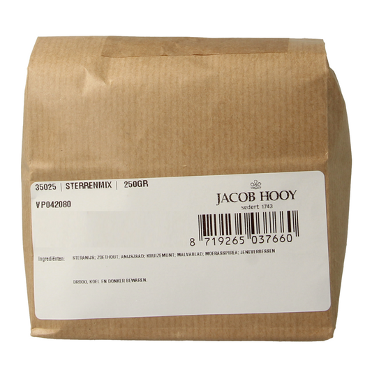 Jacob Hooy Sterrenmix kruiden en maaltijdmixen in 250g verpakking, featuring a blend of seasoning herbs and salt for cooking.