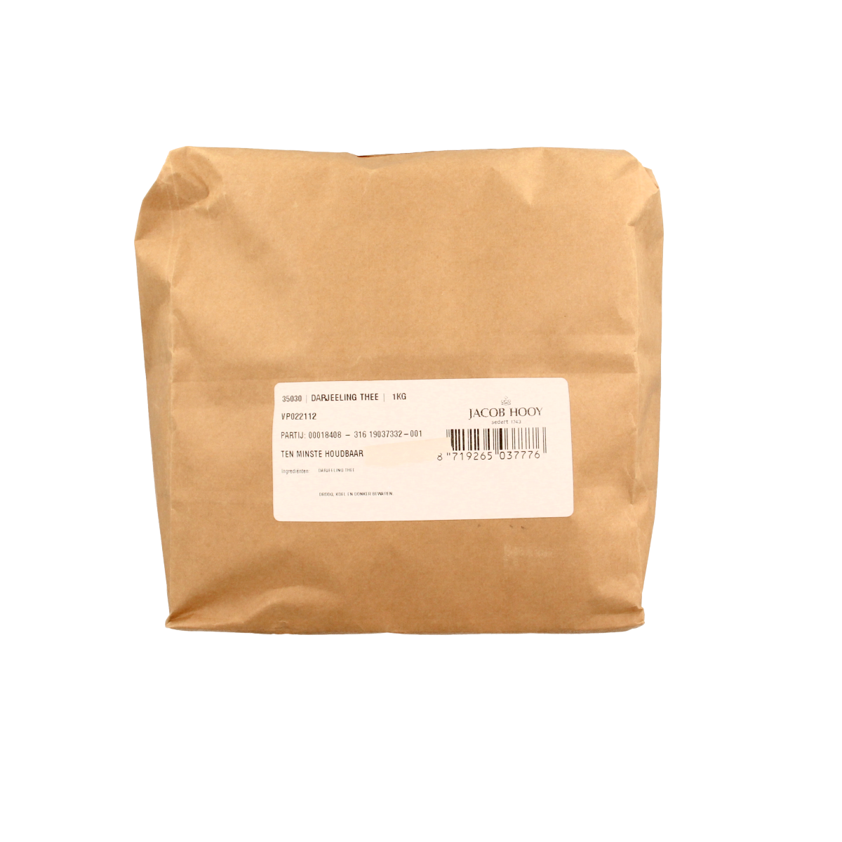 Jar of Jacob Hooy Darjeeling tea in a 1kg package, showcasing the tea leaves and product packaging.