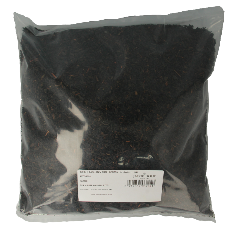 Jacob Hooy Earl Grey tea in a 1kg package, featuring citrus and bergamot flavor, perfect for tea lovers.