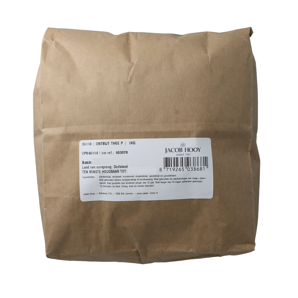 Jacob Hooy breakfast tea in a 1kg package, featuring a box with tea leaves and branding, for coffee and tea products.