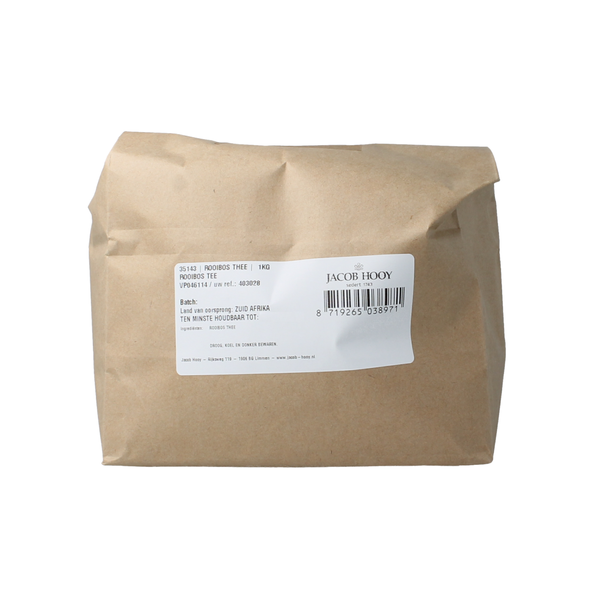 Jacob Hooy Rooibosthee in a 1kg package, herbal tea from the Koffie en Thee brand, with red rooibos leaves visible in the image.