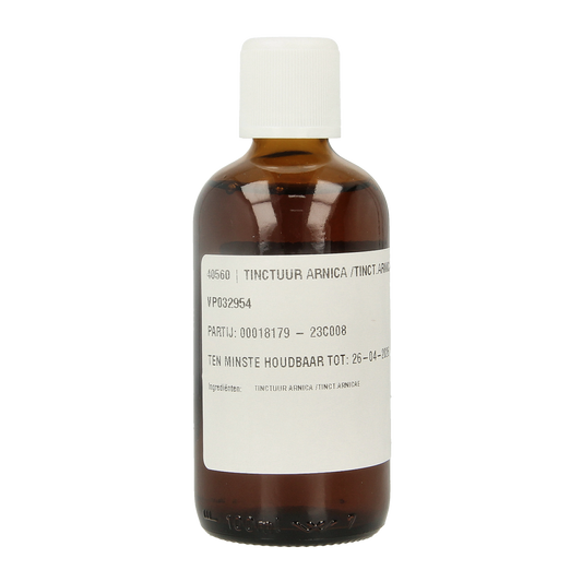 Jar of Jacob Hooy Arnica tincture in 100ml bottle, herbal remedy for soothing and healing purposes.