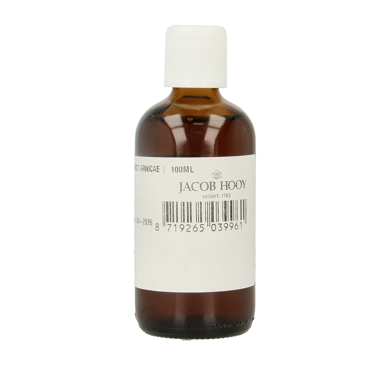 Bottle of Jacob Hooy Arnica tinctuur in 100ml herbal preparation bottle, featuring label with product details.