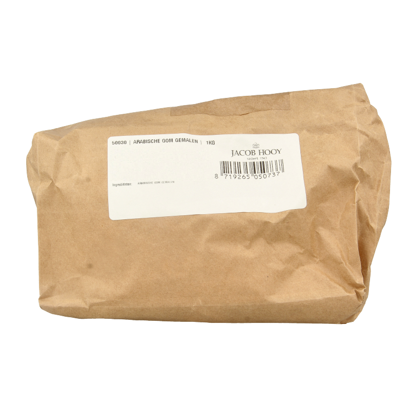 Ground Arabische gom from Jacob Hooy, 1 kilogram, in a clear container, used for baking and mixing in culinary applications.
