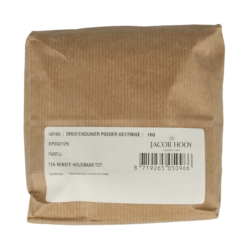Jacob Hooy Druivensuiker poeder in 1kg bag, a fine grape sugar used as a sweetener in baking and cooking.