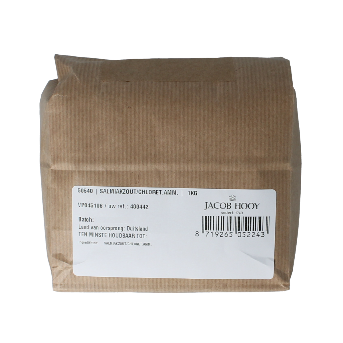 Jacob Hooy Salmiakzout ammonium chloride in 1kg bag, visible salt crystals, used as herbal seasoning and salt in cooking.