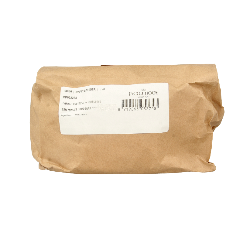 Jacob Hooy sulfur powder in a 1kg container, a cleaning product used for household and hygiene purposes.