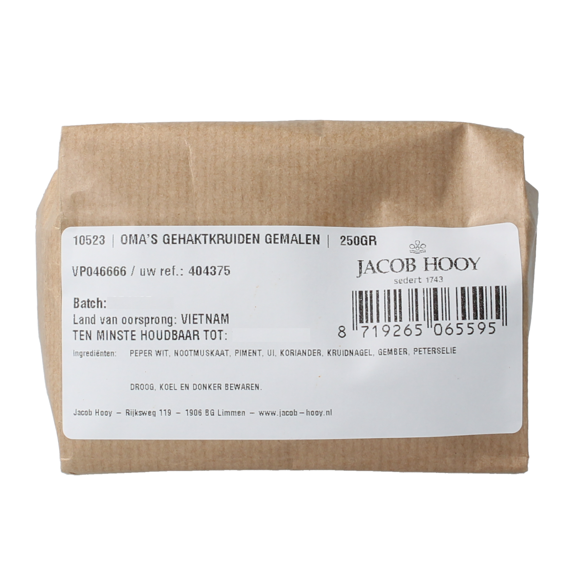 Ground Oma's kruidenmix by Jacob Hooy in a 250g package, featuring a blend of herbs and spices for flavorful cooking.