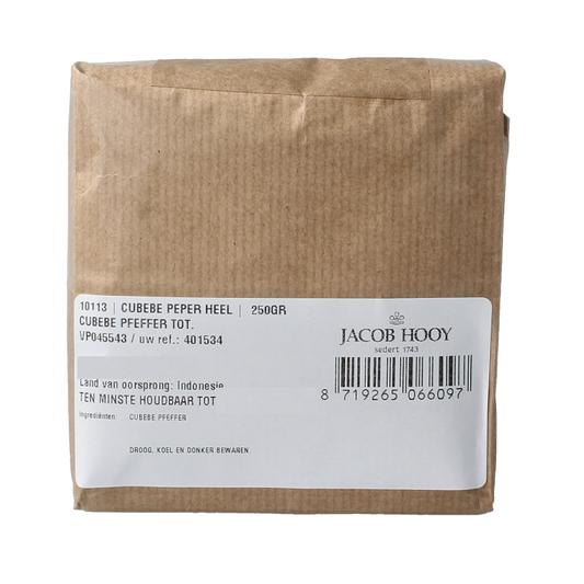Jacob Hooy Cubebe peper heel 250g in a clear container, showcasing whole, dried peppercorns for culinary use.